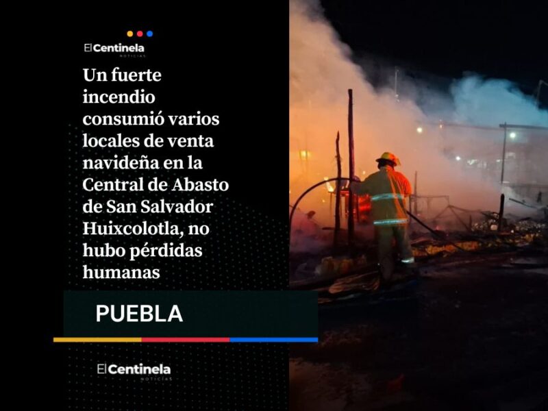 Incendio en la Central de Abasto de Huixcolotla acaba con locales durante la madrugada