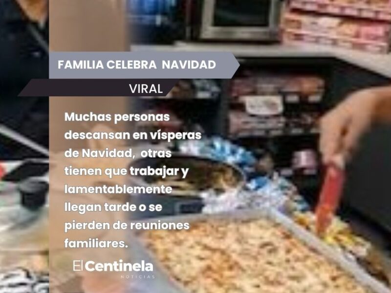 Familia celebra Navidad en una tienda de autoservicio de una gasolinera porque a un integrante le tocó trabajar