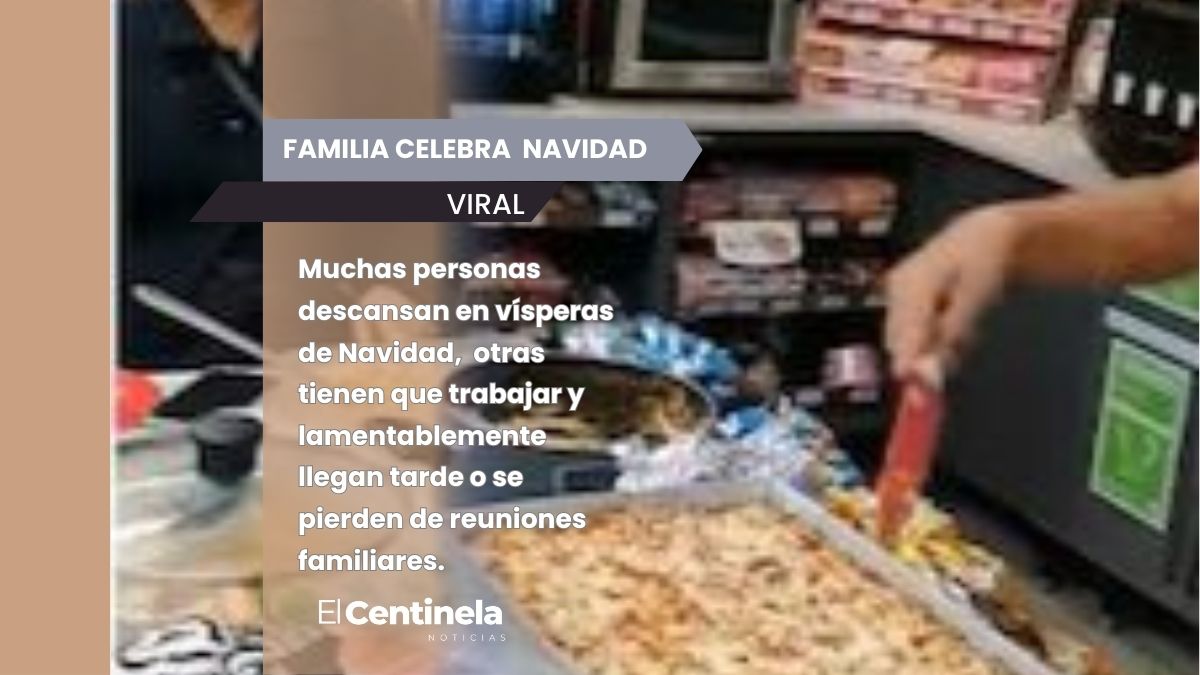 Familia celebra Navidad en una tienda de autoservicio de una gasolinera porque a un integrante le tocó trabajar