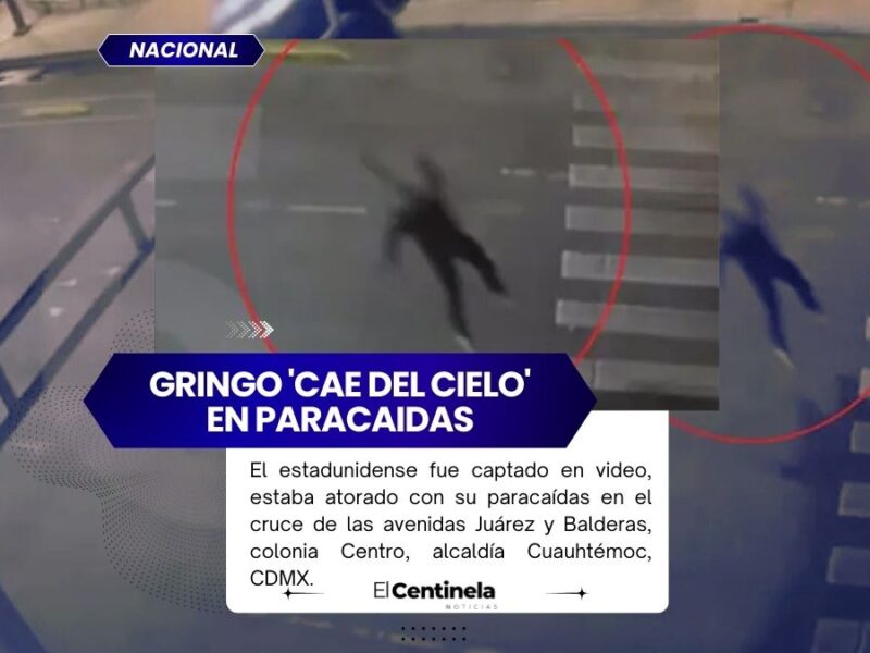 Gringo 'cae del cielo' en paracaídas y se atora en semáforo de CDMX