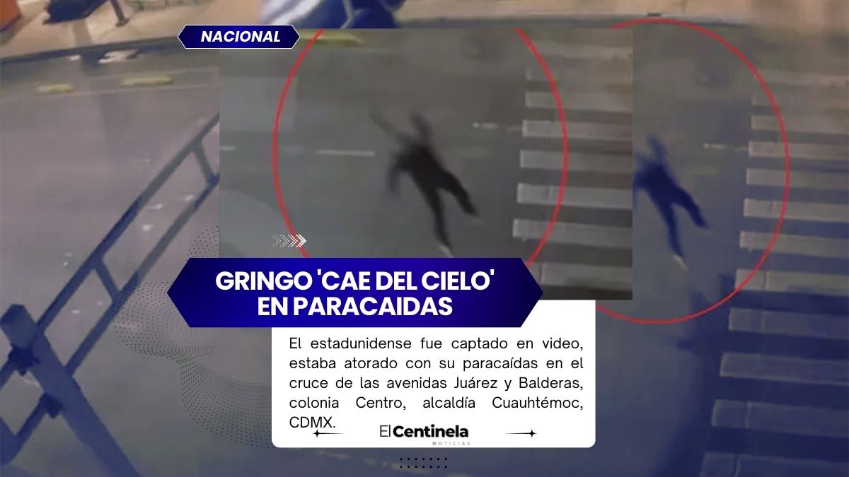 Gringo 'cae del cielo' en paracaídas y se atora en semáforo de CDMX