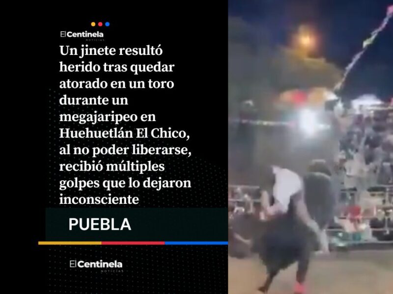 Jinete queda atrapado en toro y resulta herido durante megajaripeo en Huehuetlán El Chico