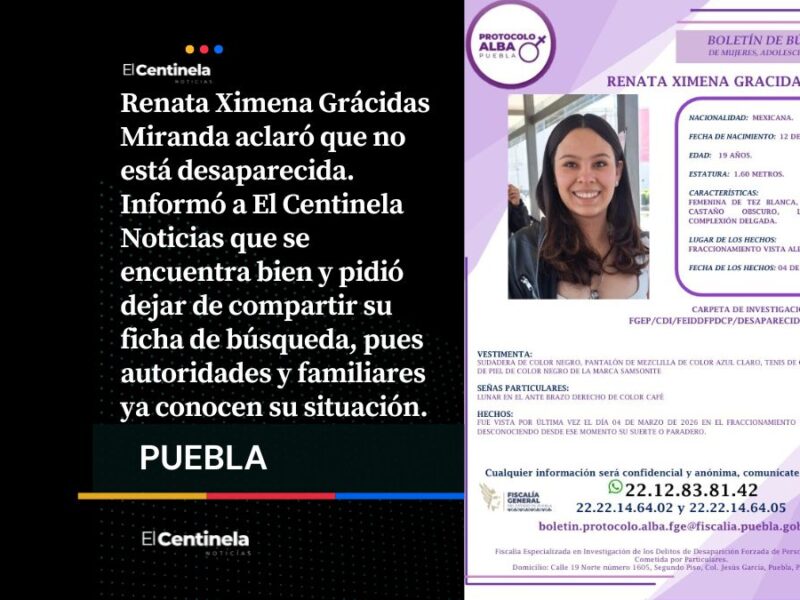 Renata Ximena aclara que está bien y pide detener difusión de ficha de búsqueda
