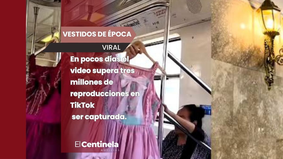 Vendedora de vestidos de época promociona productos dentro de Metro Hidalgo