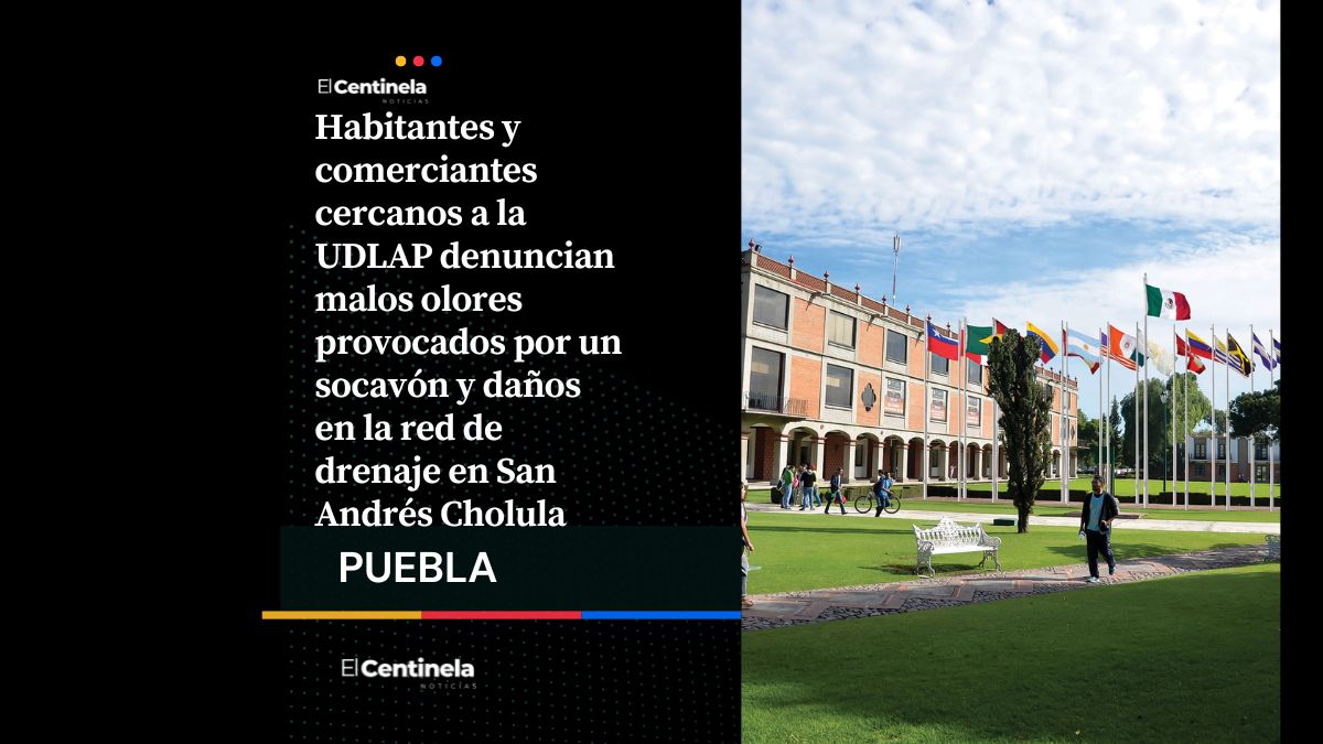 Habitantes y comerciantes cercanos a la UDLAP denuncian malos olores provocados por un socavón y daños en la red de drenaje en San Andrés Cholula