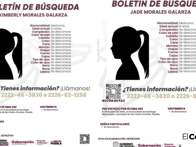 Buscan a Kimberly y Jade, niñas desaparecidas tras homicidio de familiares en Cholula a manos de "El Mamey"
