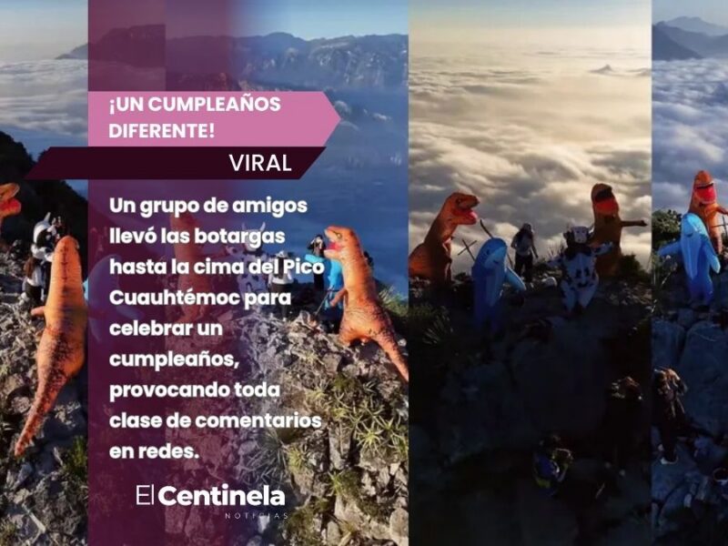 ¡Cumpleaños jurásico! Joven sube al Pico Cuauhtémoc con amigos disfrazados de dinosaurios en San Pedro