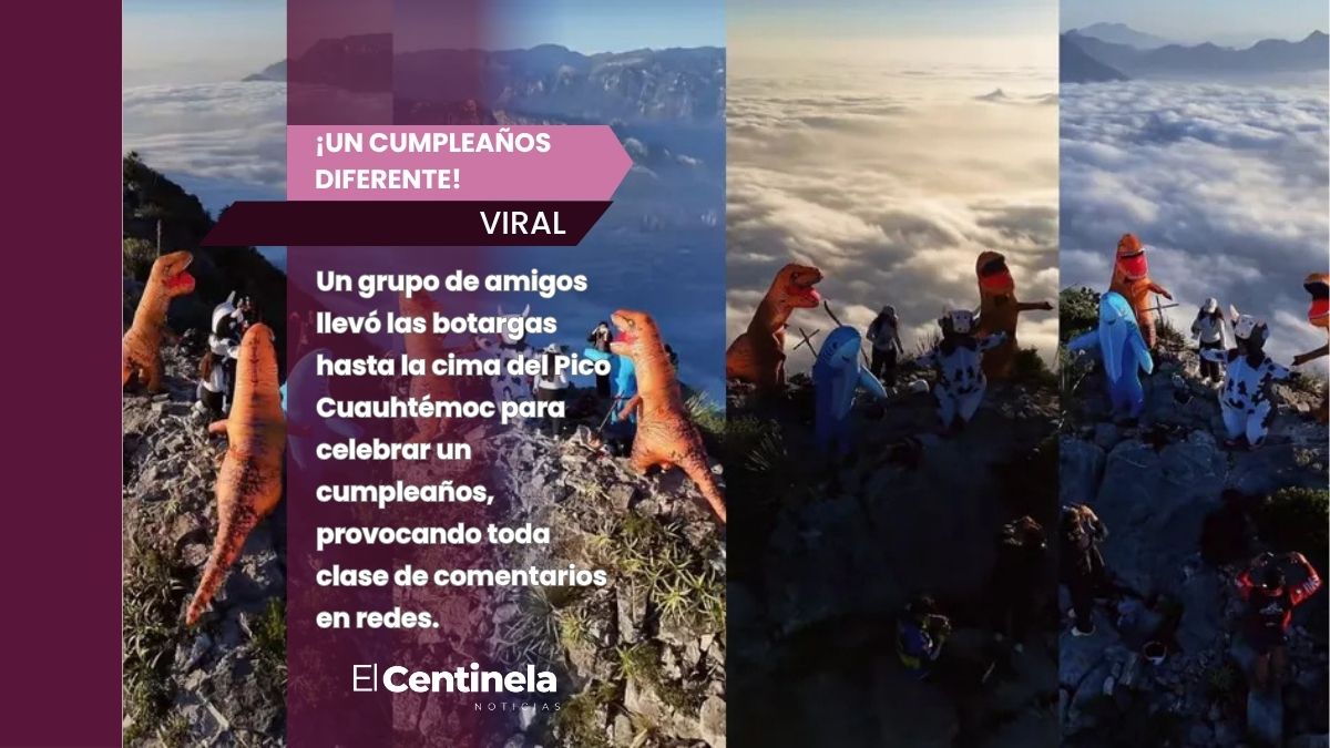 ¡Cumpleaños jurásico! Joven sube al Pico Cuauhtémoc con amigos disfrazados de dinosaurios en San Pedro