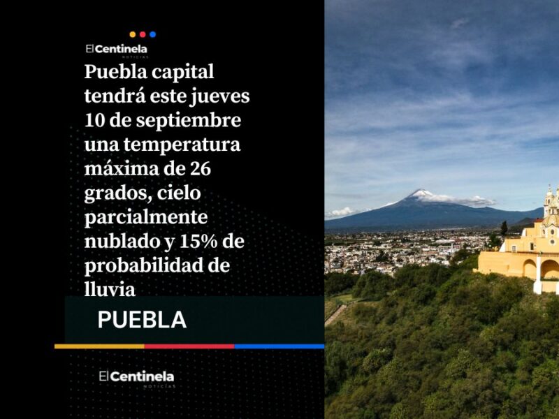 Puebla capital tendrá temperatura de hasta 26 grados y baja probabilidad de lluvia este jueves